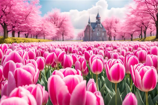 Field of pink tulips in the park on a spring day, spring holidays concept.