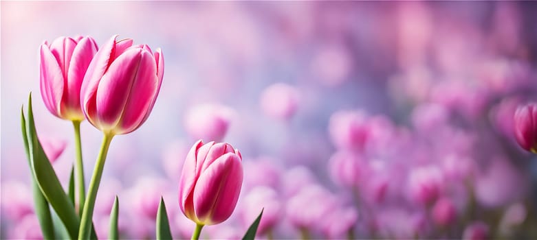 Spring nature background. Beautiful pink Tulips flowers in park. Gentle artistic floral image. Template for design. Copy space. Banner