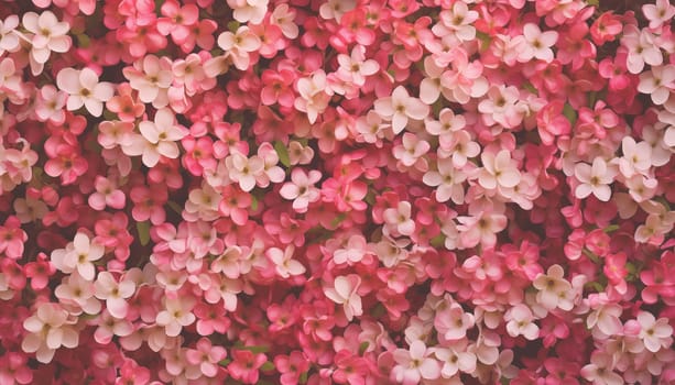 Pink, orange and white colors flowers wall. Top view flower wall background.