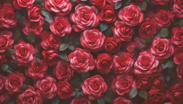 Red rose flowers wall. Top view flower wall background.