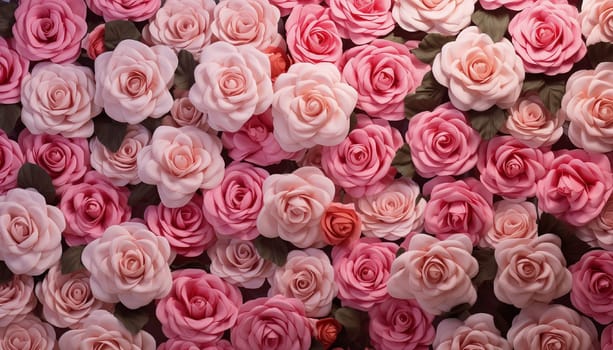 Pink and white rose flowers wall. Top view flower wall background.