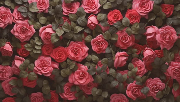 Pink and red rose flowers wall. Top view flower wall background. High quality photo