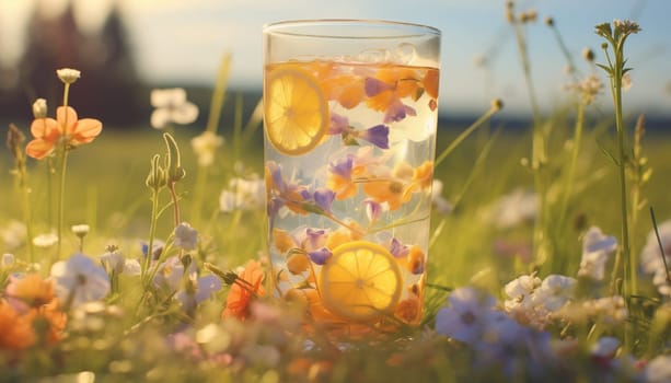 A glass of floral lemonade and flowers in a meadow on a sunny hot day. High quality photo