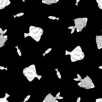 Hand Drawn Black and White Fish Background. Seamless Pattern with Fishes. Sea Animal Digital Papers.