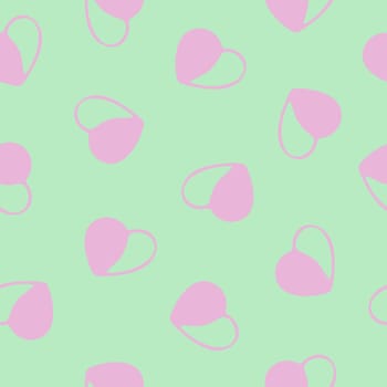 Hand Drawn Seamless Patterns with Hearts in Doodle Style. Romantic Love Digital Paper for Valentines Day. Colorful Hearts on Green Pastel Background.