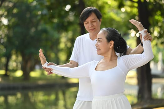 Active middle aged couple practicing posture during Tai Chi class in the park. Health care and wellness concept
