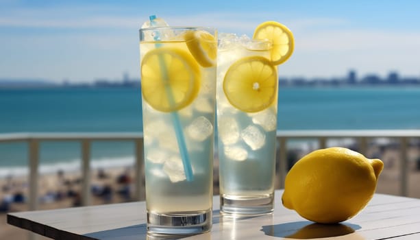 Two glasses of lemonade against the backdrop of the sea and in sunny weather. High quality photo