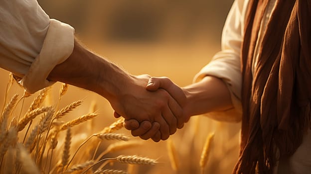 Handshake of two men against the backdrop of a farmer's field with golden wheat. Close up