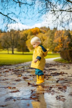 Sun always shines after the rain. Small bond infant boy wearing yellow rubber boots and yellow waterproof raincoat walking in puddles in city park on sunny rainy day