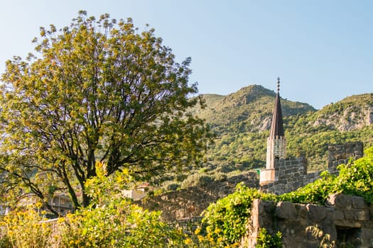 Stari Bar Old Bar town in Montenegro. View of the city mosque minaret and Balkan nature.