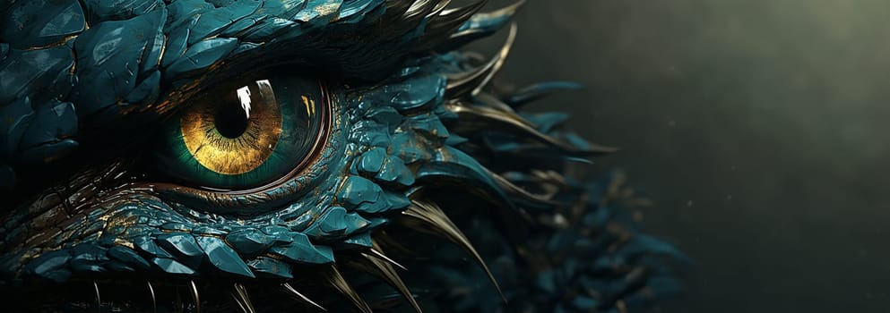 Dragon or dinosaur monster eye 3D, monochrome reptile eyeball and spiky skin. Realistic fantasy creature pupil. Mythical animal Copy space colorful