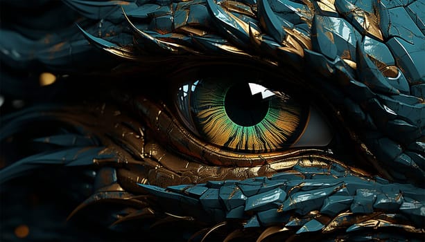 Dragon or dinosaur monster eye 3D, monochrome reptile eyeball and spiky skin. Realistic fantasy creature pupil. Mythical animal Copy space colorful