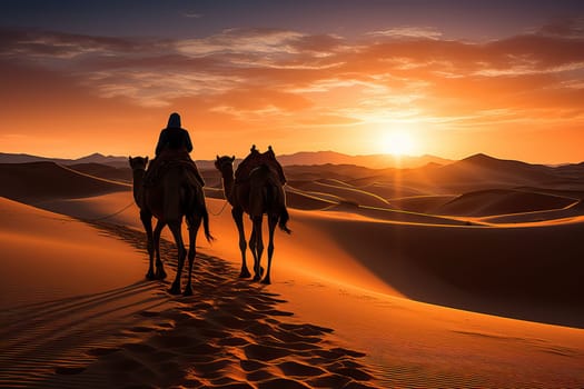 Silhouette of a caravan in the desert at sunset, the main type of movement in the desert.