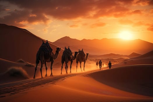 Silhouette of a caravan in the desert at sunset, the main type of movement in the desert.