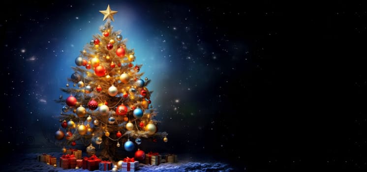 Banner. Decorated Christmas tree on a blurred dark blue background, with blur effect. Copy paste, copy space for text.