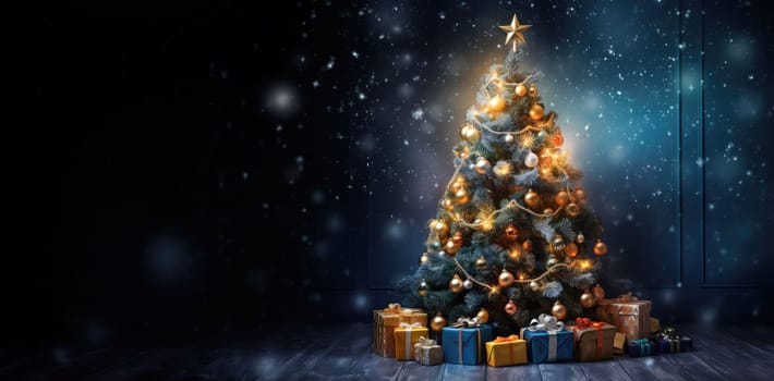 Banner. Decorated Christmas tree on a blurred dark blue background, with blur effect. Copy paste, copy space for text.