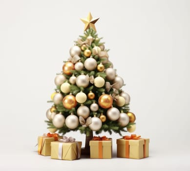 Decorative Christmas tree with decorative ornaments on a white background. Congratulation boxes, New Year's toys, surprise, holiday. Isolated object, white background, cut out object.
