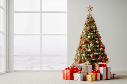 Beautiful Christmas tree with decorations and gifts in a white room near the window. Copy paste space for design. New Year poster, design, decoration.