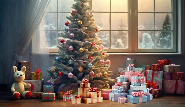Beautiful Christmas tree with decorations and gifts in a cozy room near the window. Copy paste space for design. New Year poster, design, decoration.