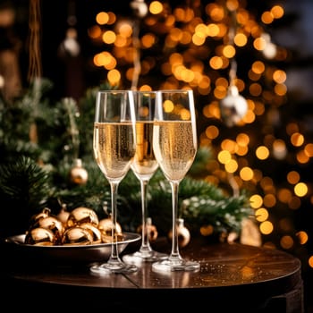 Champagne Toast Celebration - Happy New Year With Golden Glitter On Blue Abstract Background And Defocused Bokeh Lights.