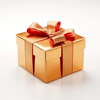 Golden gift box with a beautiful golden bow, on a white background. Isolated object, white background.