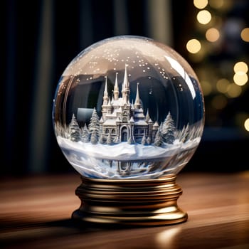 There is a blizzard, a winter landscape with a road and a blizzard, a spruce house, in a glass Christmas globe. The background is exquisite bokeh.