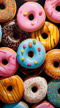 Donuts pattern. Top view of assorted glazed donuts. Colorful donuts with icing as background with copy space. Various colorful glazed doughnuts with sprinkles.