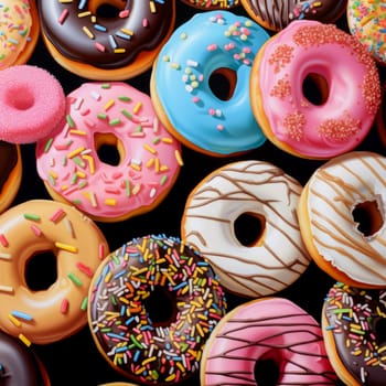 Donuts pattern. Top view of assorted glazed donuts. Colorful donuts with icing as background with copy space. Various colorful glazed doughnuts with sprinkles.