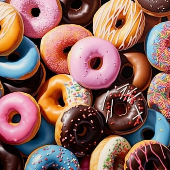 Donuts pattern. Top view of assorted glazed donuts. Colorful donuts with icing as background with copy space. Various colorful glazed doughnuts with sprinkles.