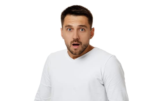 Portrait of young surprised handsome bearded man with shocked facial expression on white background