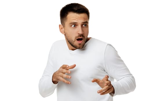 portrait of scared bearded man in casual white shirt isolated on white background. I'm afraid.