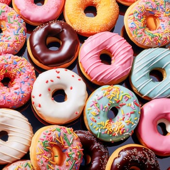 Donuts pattern. Top view of assorted glazed donuts. Colorful donuts with icing as background with copy space. Various colorful glazed doughnuts with sprinkles.