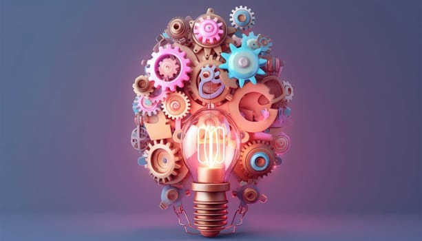 Idea and brainstorming concept Light bulb and gears 3d render. Innovation concept. Insight icon isolated on pastel background. 3D Illustration. Pink,purple and blue. Glow Idea,teamwork,brainstorming design Space for text