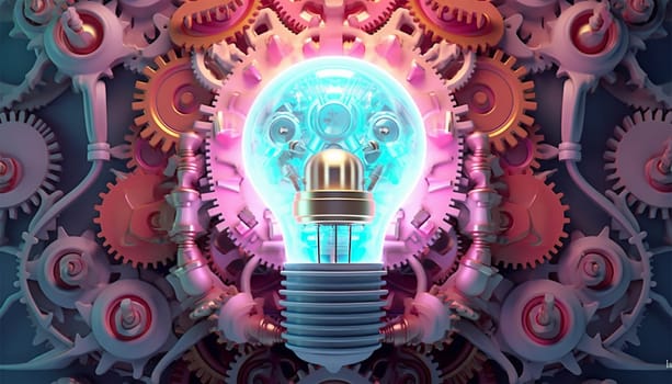 Idea and brainstorming concept Light bulb and gears 3d render. Innovation concept. Insight icon isolated on pastel background. 3D Illustration. Pink,purple and blue. Glow Idea,teamwork,brainstorming design Space for text