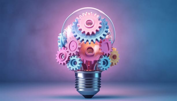 Idea and brainstorming concept Light bulb and gears 3d render. Innovation concept. Insight icon isolated on pastel background. 3D Illustration. Pink,purple and blue. Glow Idea,teamwork,brainstorming design Space for text