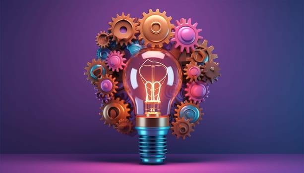 Idea and brainstorming concept Light bulb and gears 3d render. Innovation concept. Insight icon isolated on pastel background. 3D Illustration. Pink,purple and blue. Glow Idea,teamwork,brainstorming design Space for text