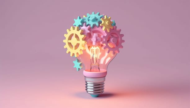 Idea and brainstorming concept Light bulb and gears 3d render. Innovation concept. Insight icon isolated on pastel background. 3D Illustration. Pink,purple and blue. Glow Idea,teamwork,brainstorming design Space for text