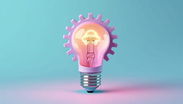 Idea and brainstorming concept Light bulb and gears 3d render. Innovation concept. Insight icon isolated on pastel background. 3D Illustration. Pink,purple and blue. Glow Idea,teamwork,brainstorming design Space for text