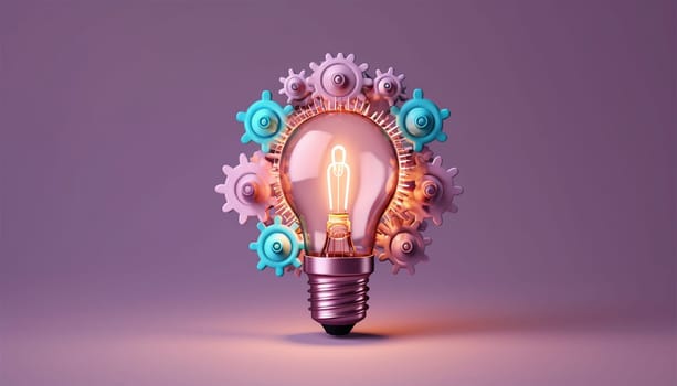 Idea and brainstorming concept Light bulb and gears 3d render. Innovation concept. Insight icon isolated on pastel background. 3D Illustration. Pink,purple and blue. Glow Idea,teamwork,brainstorming design Space for text