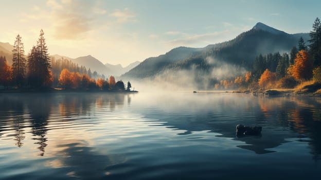 Fall. A foggy morning during dawn. Autumn trees on the river bank. Mountains and forest. Reflections on the surface of the lake. Banff National Park . High quality photo