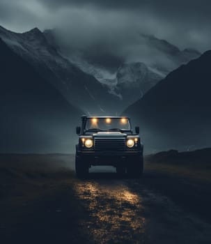 Dark green off-road car in the mountains. High quality photo