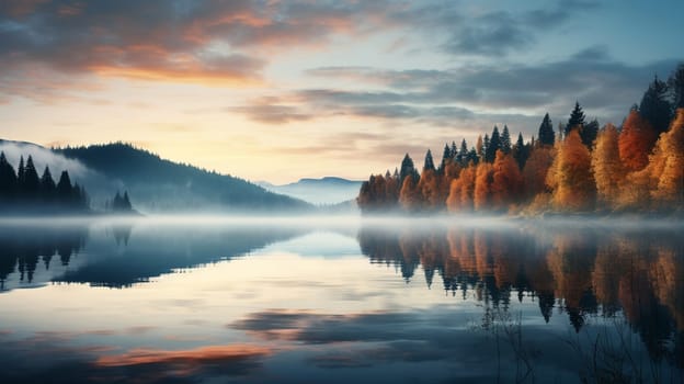 Fall. A foggy morning during dawn. Autumn trees on the river bank. Mountains and forest. Reflections on the surface of the lake. Banff National Park . High quality photo