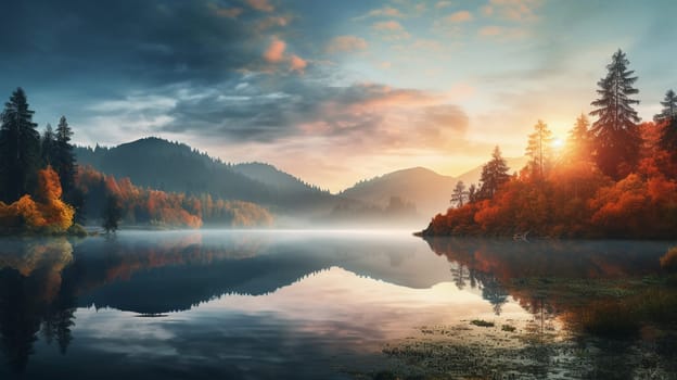 Wonderful Atmothpherical nature landscape. Beautiful scenery of lake in fall. Amazing nature landscape with mountans, lake and magic sky at Autumn morning. Popular travel destination. High quality photo