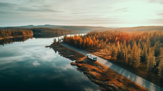 Aerial view of bridge across blue lakes in colorful autumn forest. High quality photo