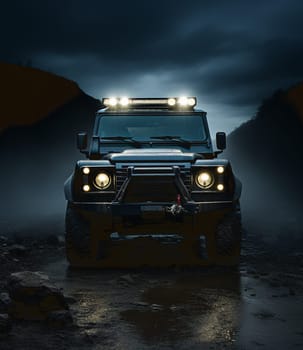 Off-road car on a broken road in the mountains. SUV. High quality photo