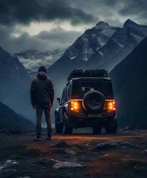 Black off-road truck in the mountains. High quality photo