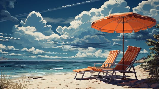 Seascape beautiful view and Canvas bed and umbrella on the beach for sunbathing, watercolor painting background concept. High quality photo