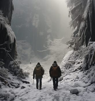 Hikers on a summit in a wintry mountain landscape. High quality photo