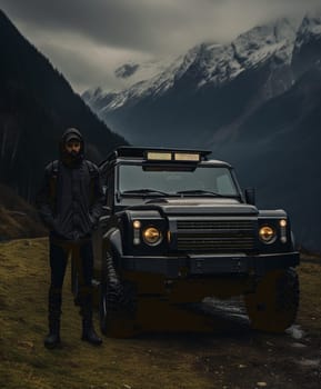 Black off-road truck in the mountains. High quality photo