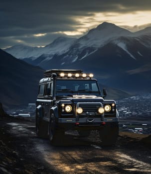Black off-road truck in the mountains. High quality photo